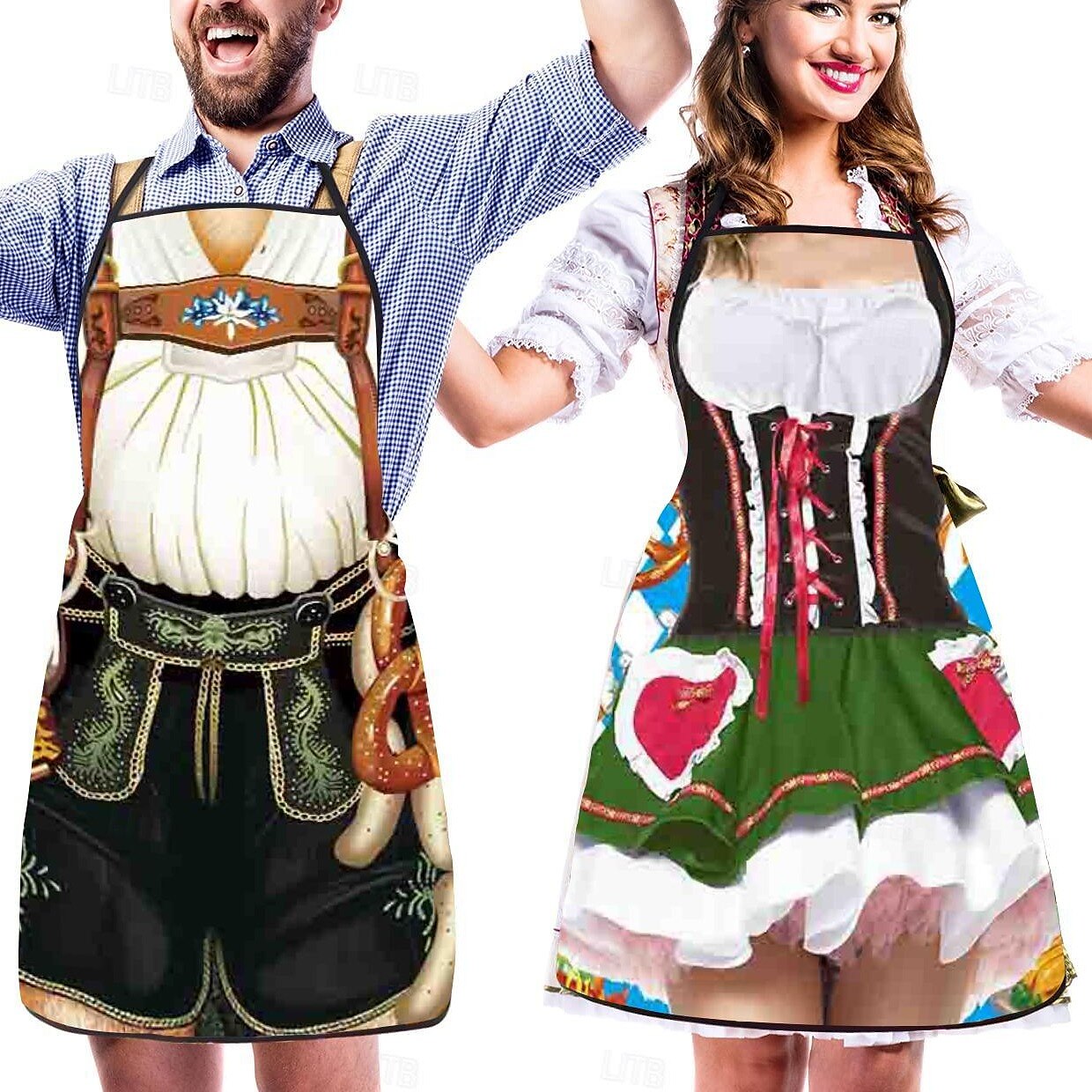 Schürze mit Oktoberfest-Lederhosen- und Dirndl-Aufdruck für Paare 0