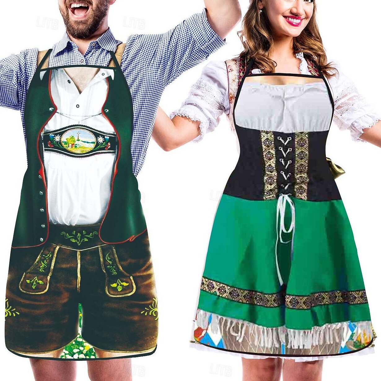 Schürze mit Oktoberfest-Lederhosen- und Dirndl-Aufdruck für Paare 0