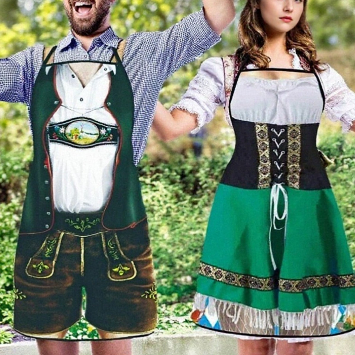 Schürze mit Oktoberfest-Lederhosen- und Dirndl-Aufdruck für Paare 1