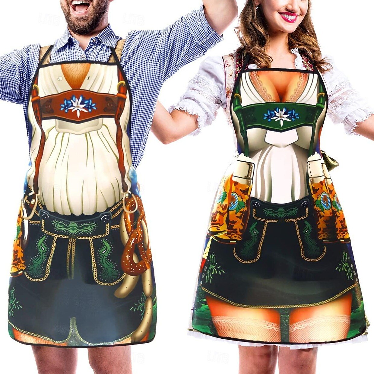 Schürze mit Oktoberfest-Lederhosen- und Dirndl-Aufdruck für Paare 3