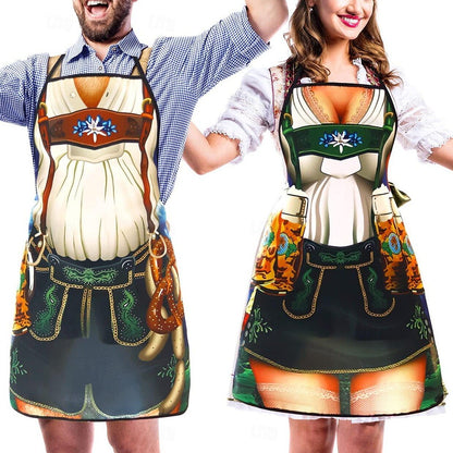 Schürze mit Oktoberfest-Lederhosen- und Dirndl-Aufdruck für Paare 3