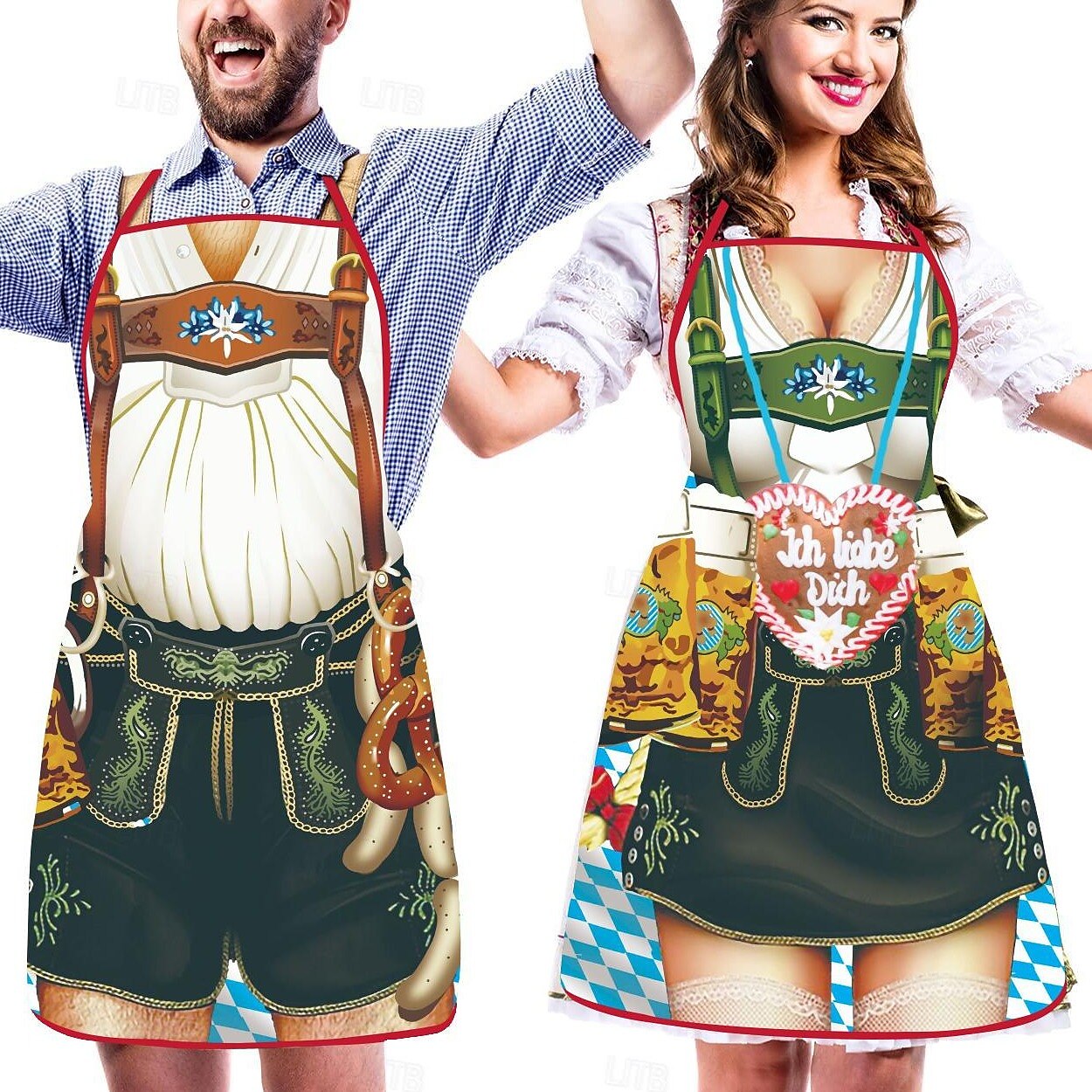 Schürze mit Oktoberfest-Lederhosen- und Dirndl-Aufdruck für Paare 6