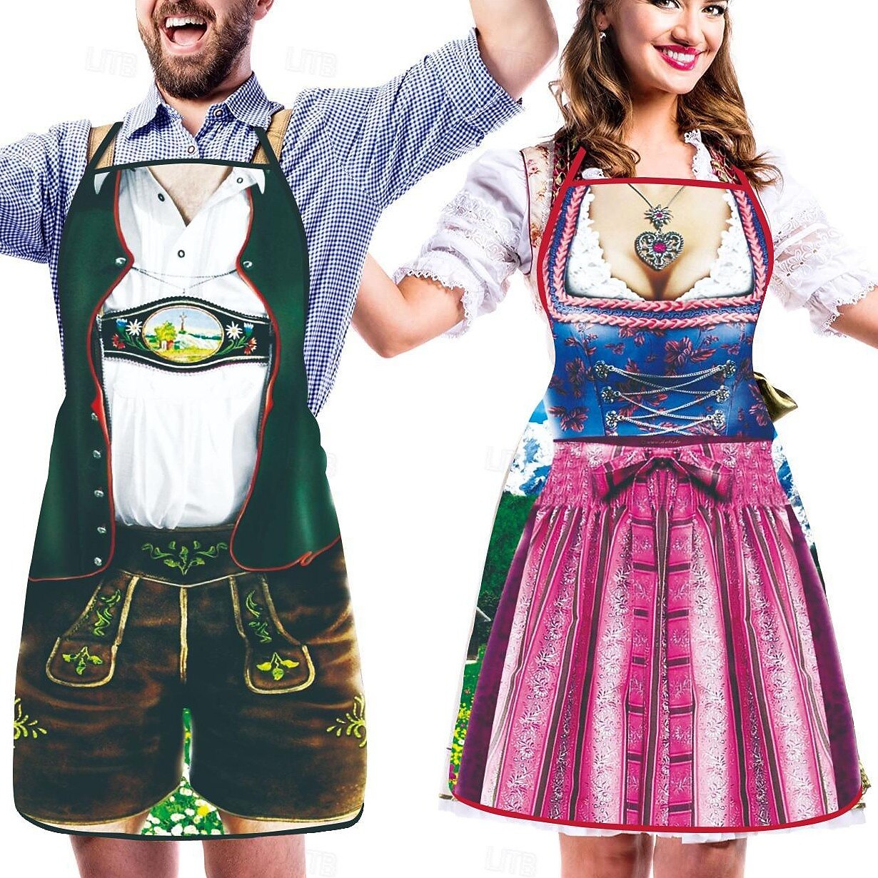 Schürze mit Oktoberfest-Lederhosen- und Dirndl-Aufdruck für Paare 7