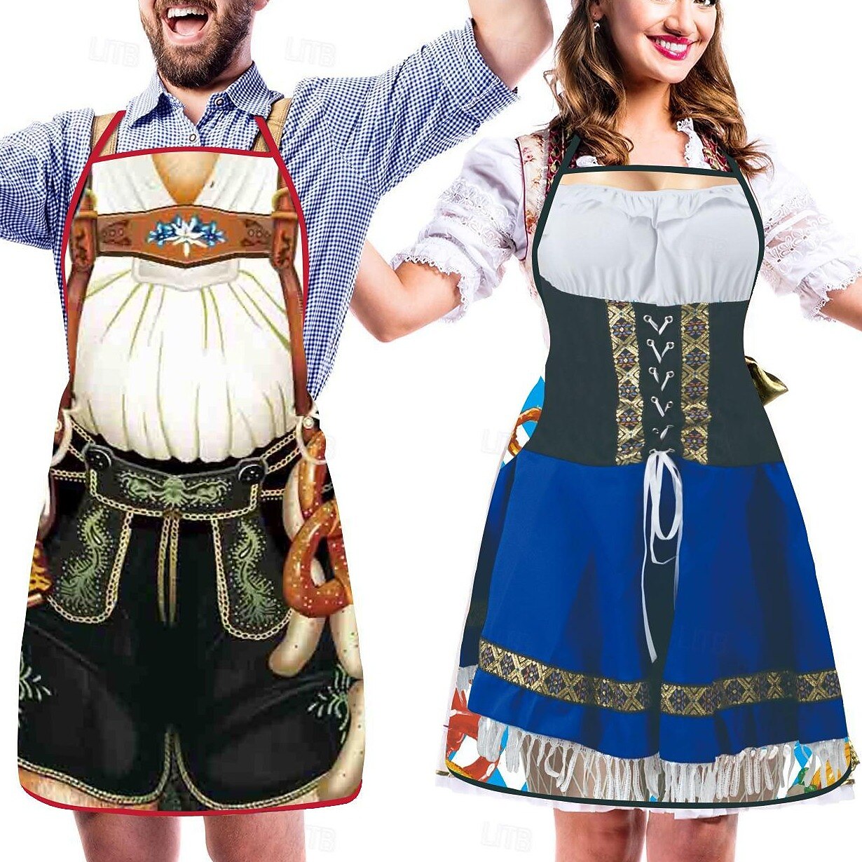 Schürze mit Oktoberfest-Lederhosen- und Dirndl-Aufdruck für Paare 8
