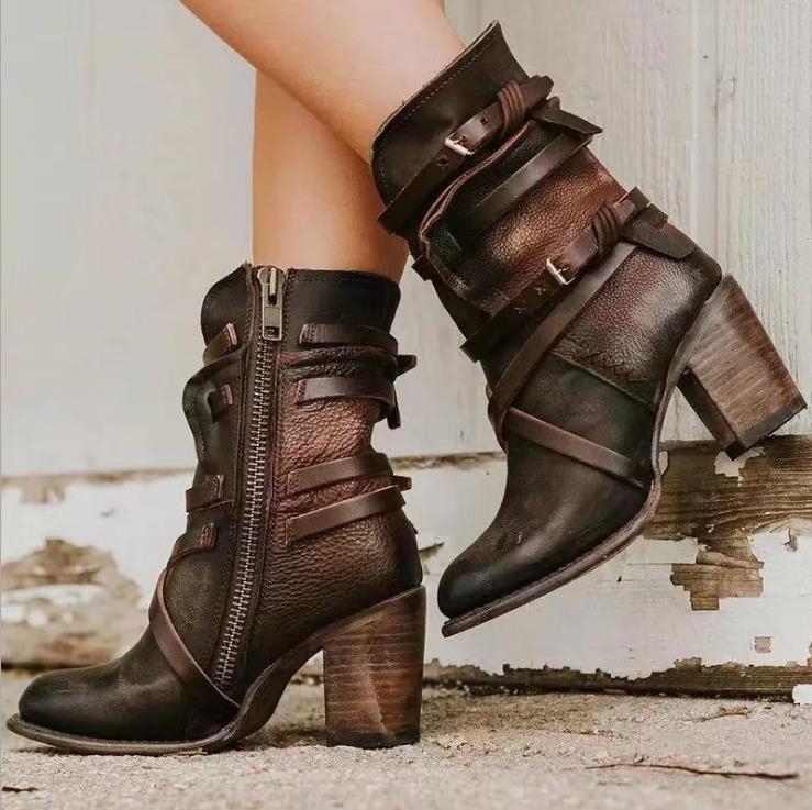 Schwarze Damen Leder Stiefeletten mit Klobiger Ferse – Elegante Winterstiefel für Stil und Komfort 1