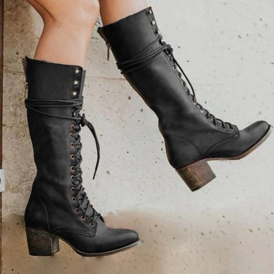 Schwarze Damenstiefel aus PU-Leder mit Klobiger Ferse und Schnürung – Kniehoch und Stilvoll für Herbst und Winter 0