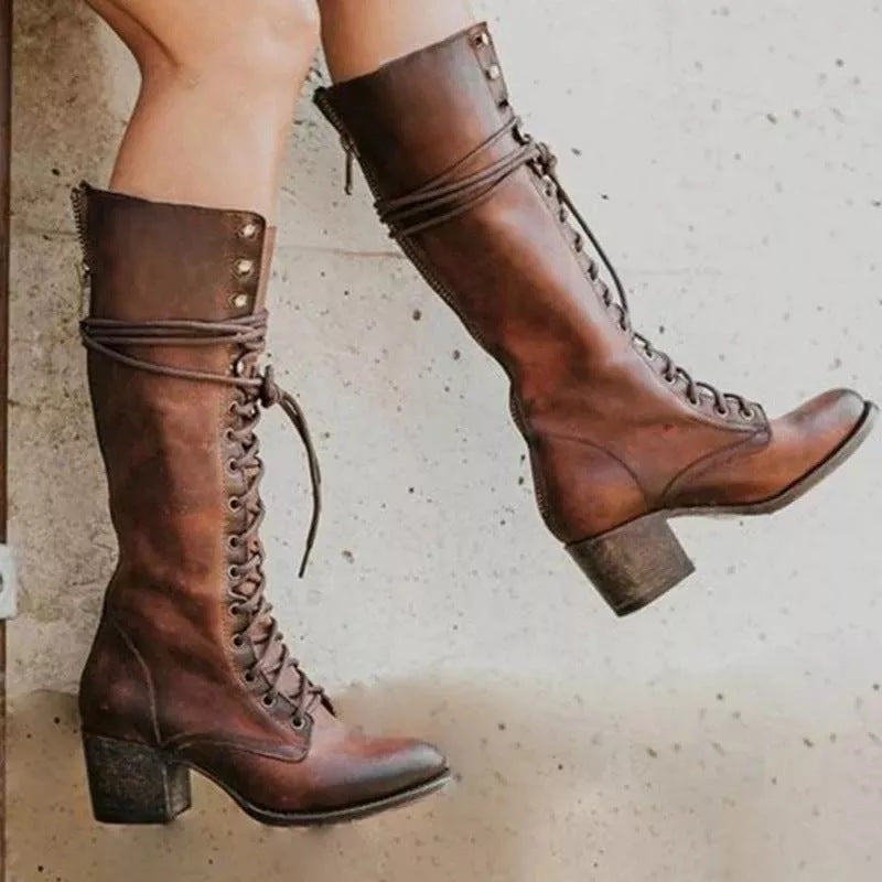 Schwarze Damenstiefel aus PU-Leder mit Klobiger Ferse und Schnürung – Kniehoch und Stilvoll für Herbst und Winter 1