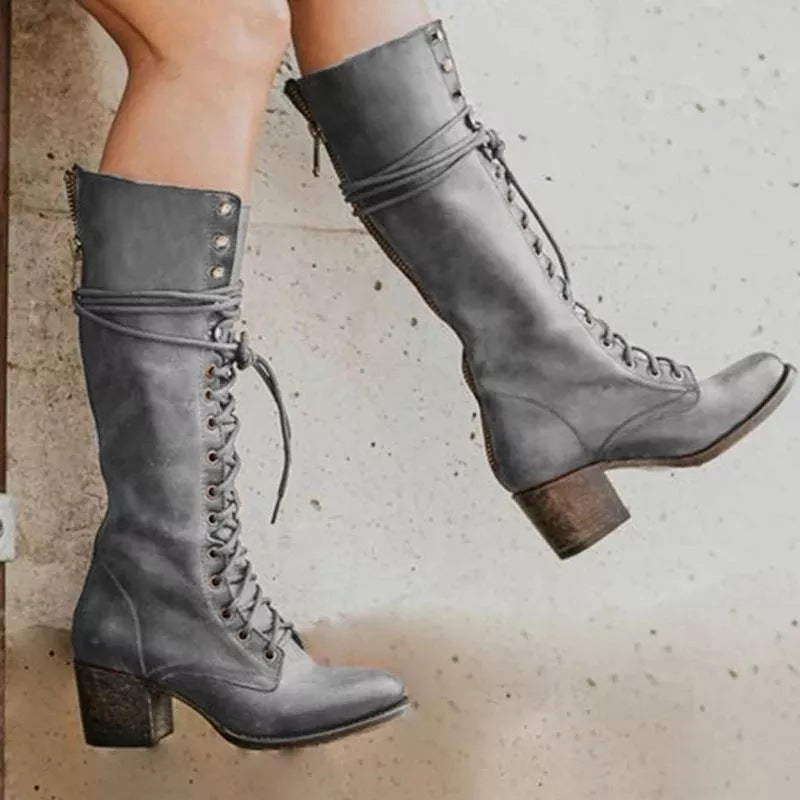 Schwarze Damenstiefel aus PU-Leder mit Klobiger Ferse und Schnürung – Kniehoch und Stilvoll für Herbst und Winter 2