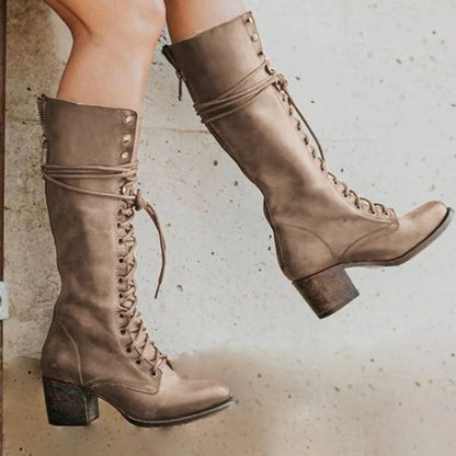 Schwarze Damenstiefel aus PU-Leder mit Klobiger Ferse und Schnürung – Kniehoch und Stilvoll für Herbst und Winter 3