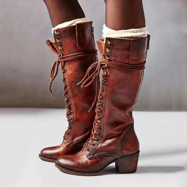Schwarze Damenstiefel aus PU-Leder mit Klobiger Ferse und Schnürung – Kniehoch und Stilvoll für Herbst und Winter 4