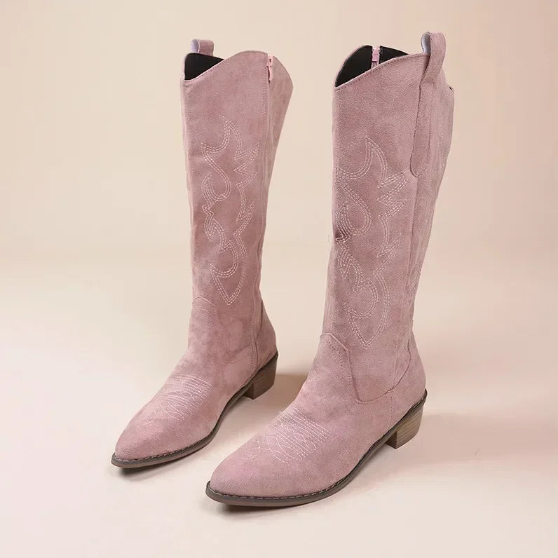 Stilvolle Damen Cowboy-Stiefel aus Wildleder mit Blockabsatz und Stickerei – Elegante Boho-Stiefel für modebewusste Frauen 0