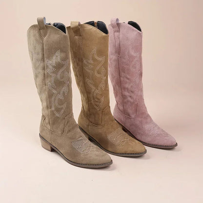 Stilvolle Damen Cowboy-Stiefel aus Wildleder mit Blockabsatz und Stickerei – Elegante Boho-Stiefel für modebewusste Frauen 3