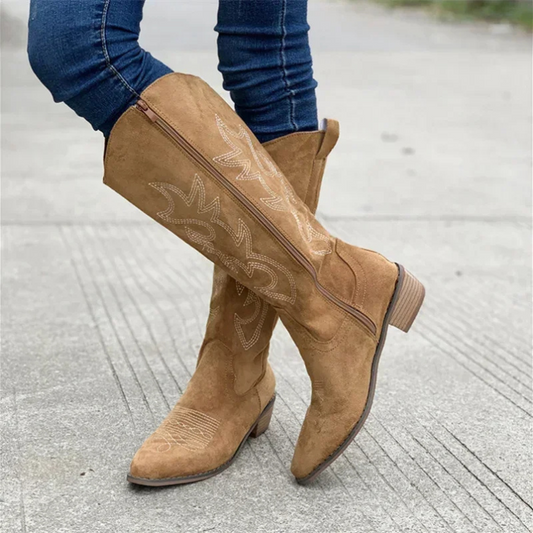 Stilvolle Wildleder-Cowboy-Stiefel für Damen mit Reißverschluss und Stickerei – Elegante Stiefel für jeden Anlass 1