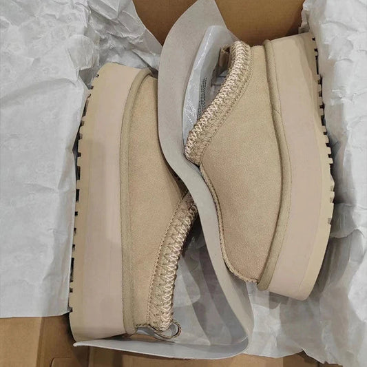 Stylische Damen Ultra Mini Plateau Booties – Beige Stiefeletten mit warmem Fellfutter für den Winter 0