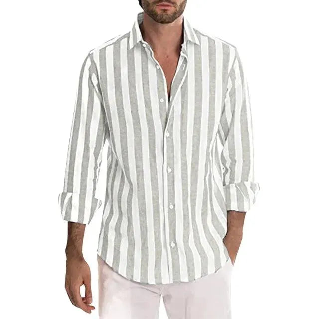 Herren Leinenhemd Luftig Streifen Sommer Casual Atmungsaktiv-6
