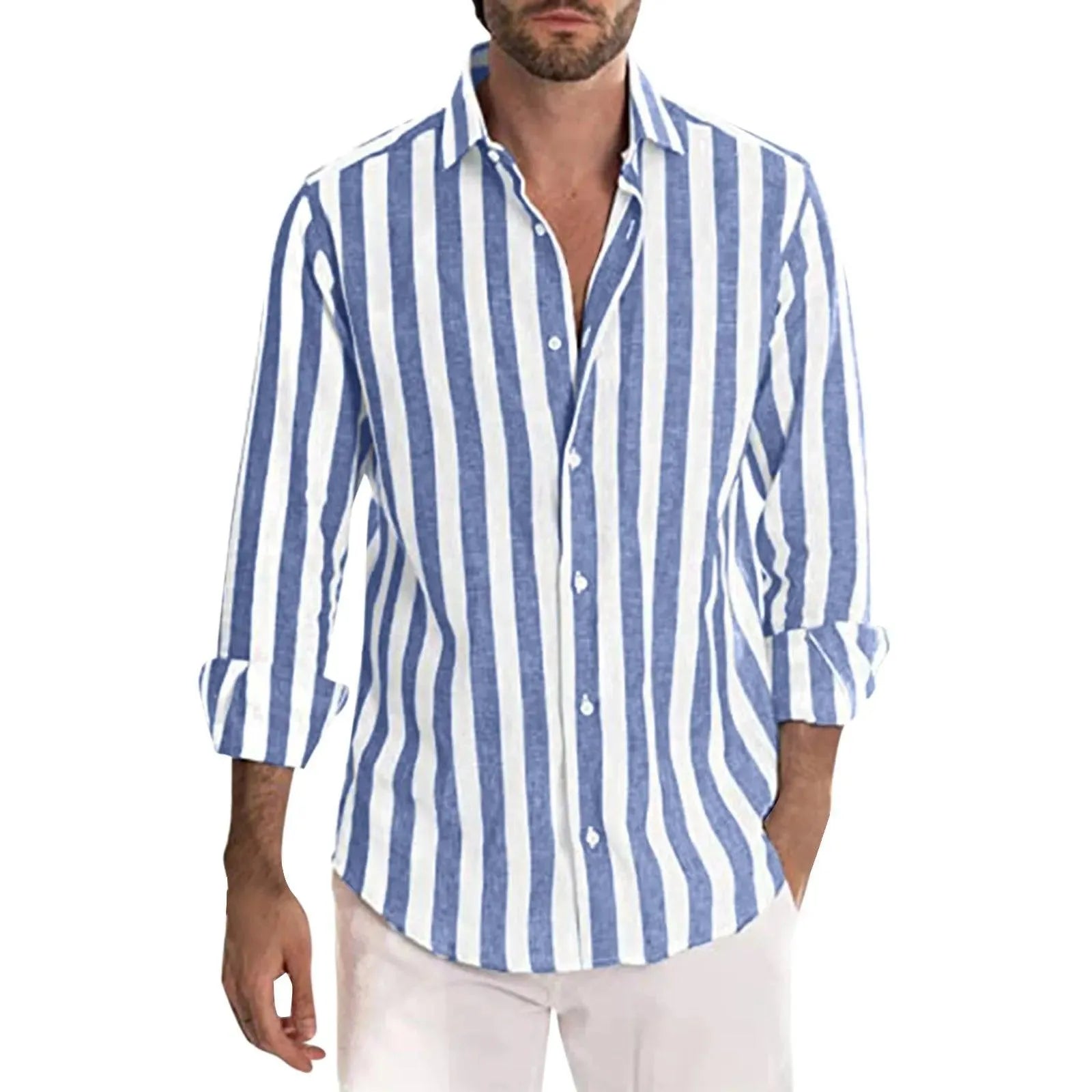 Herren Leinenhemd Luftig Streifen Sommer Casual Atmungsaktiv-2