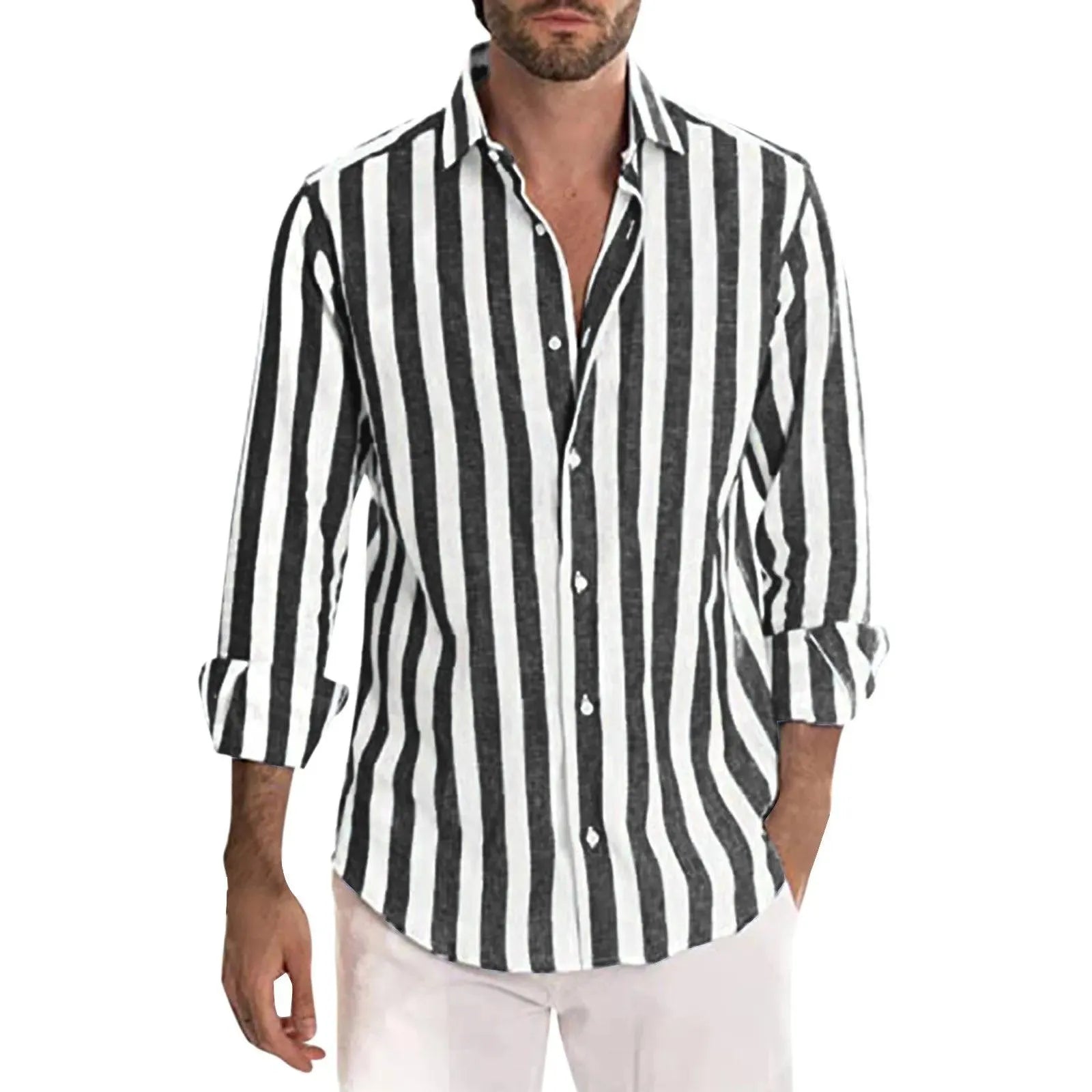 Herren Leinenhemd Luftig Streifen Sommer Casual Atmungsaktiv-5