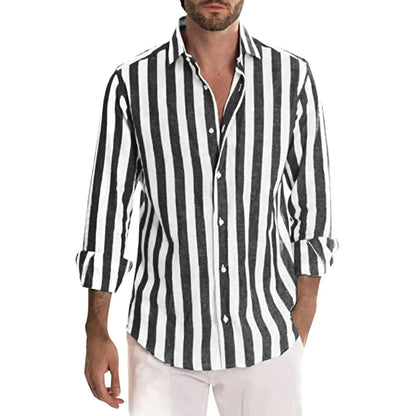 Herren Leinenhemd Luftig Streifen Sommer Casual Atmungsaktiv-5