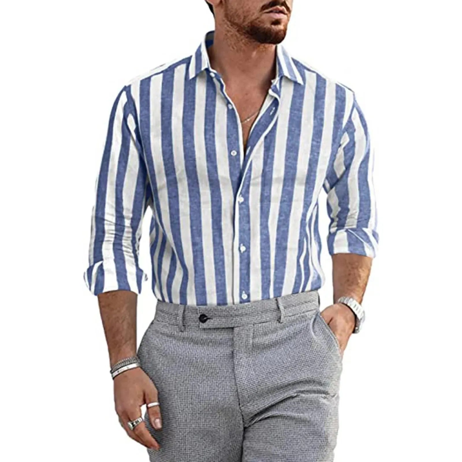 Herren Leinenhemd Luftig Streifen Sommer Casual Atmungsaktiv-3
