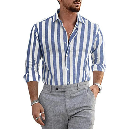 Herren Leinenhemd Luftig Streifen Sommer Casual Atmungsaktiv-3