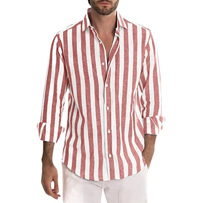 Herren Leinenhemd Luftig Streifen Sommer Casual Atmungsaktiv-1