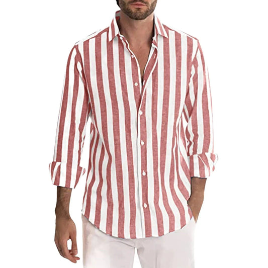 Herren Leinenhemd Luftig Streifen Sommer Casual Atmungsaktiv-1