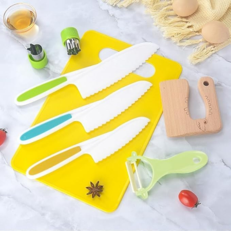 Set da cucina per bambini 8 pezzi – Coltelli e pelapatate sicuri per bambini, senza BPA, ideale per piccoli cuochi dai 2 anni in su