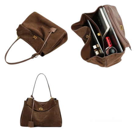 Mala de senhora clássica em camurça no estilo Kelly – Mala elegante para outono e inverno com espaço prático