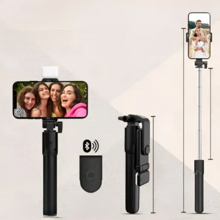 Palo de selfie Bluetooth 6 en 1 con trípode, luz LED y rotación 360° – Extensible hasta 70 cm