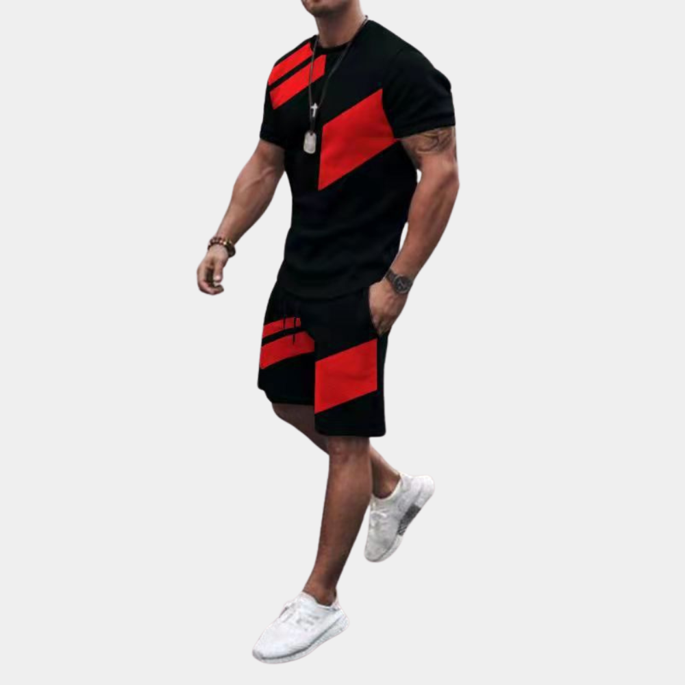 Herren Sommer Outfit Kurzarm T-Shirt Shorts Schwarz Rot Atmungsaktiv Bequem-2