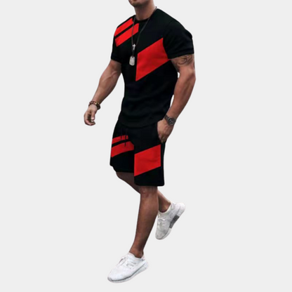 Herren Sommer Outfit Kurzarm T-Shirt Shorts Schwarz Rot Atmungsaktiv Bequem-2