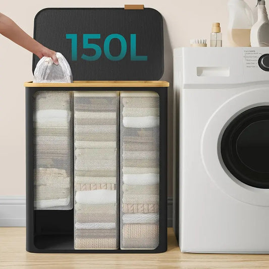 Wäschekorb 150L mit 3 Fächern – Strapazierfähiger Wäschesammler für Schlafzimmer und Badezimmer – Grau/Beige 1