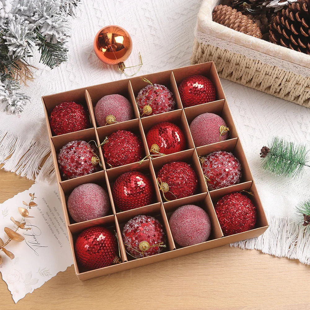 Weihnachtsbaum Ornamenten Set 16-teilig Glitzernd Kunststoff Rot Champagne Gold 1