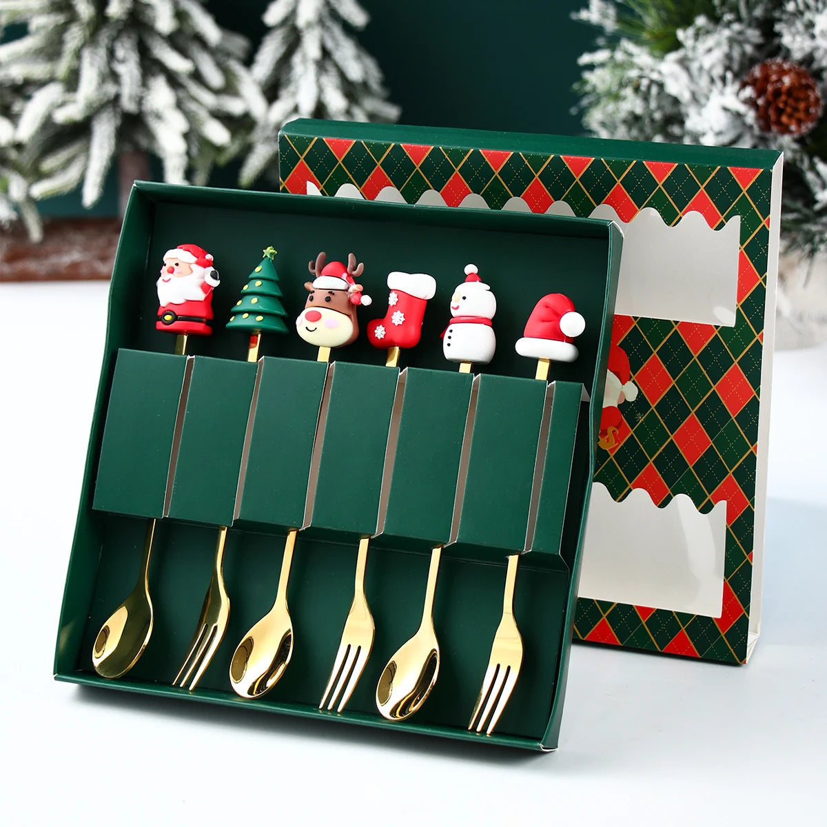 Weihnachtsbesteckset Goldene Gabel und Löffel Santa Claus Design Metall 0