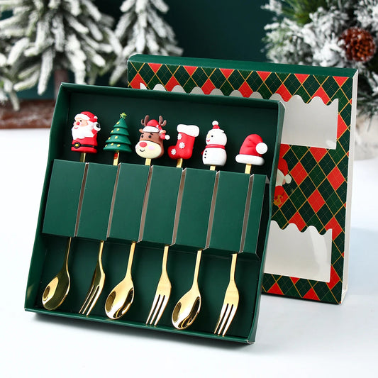 Weihnachtsbesteckset Goldene Gabel und Löffel Santa Claus Design Metall 0