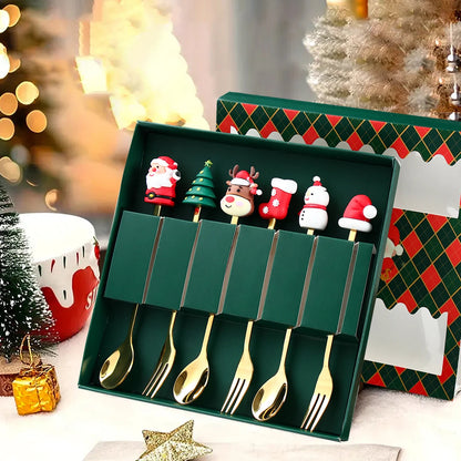 Weihnachtsbesteckset Goldene Gabel und Löffel Santa Claus Design Metall 1