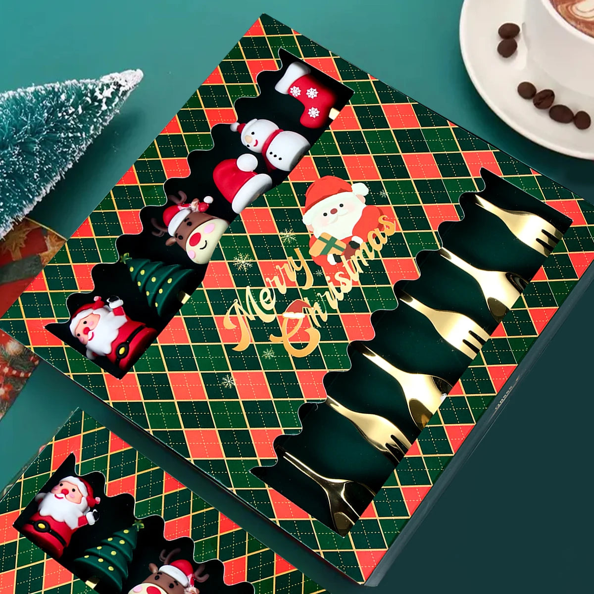 Weihnachtsbesteckset Goldene Gabel und Löffel Santa Claus Design Metall 2