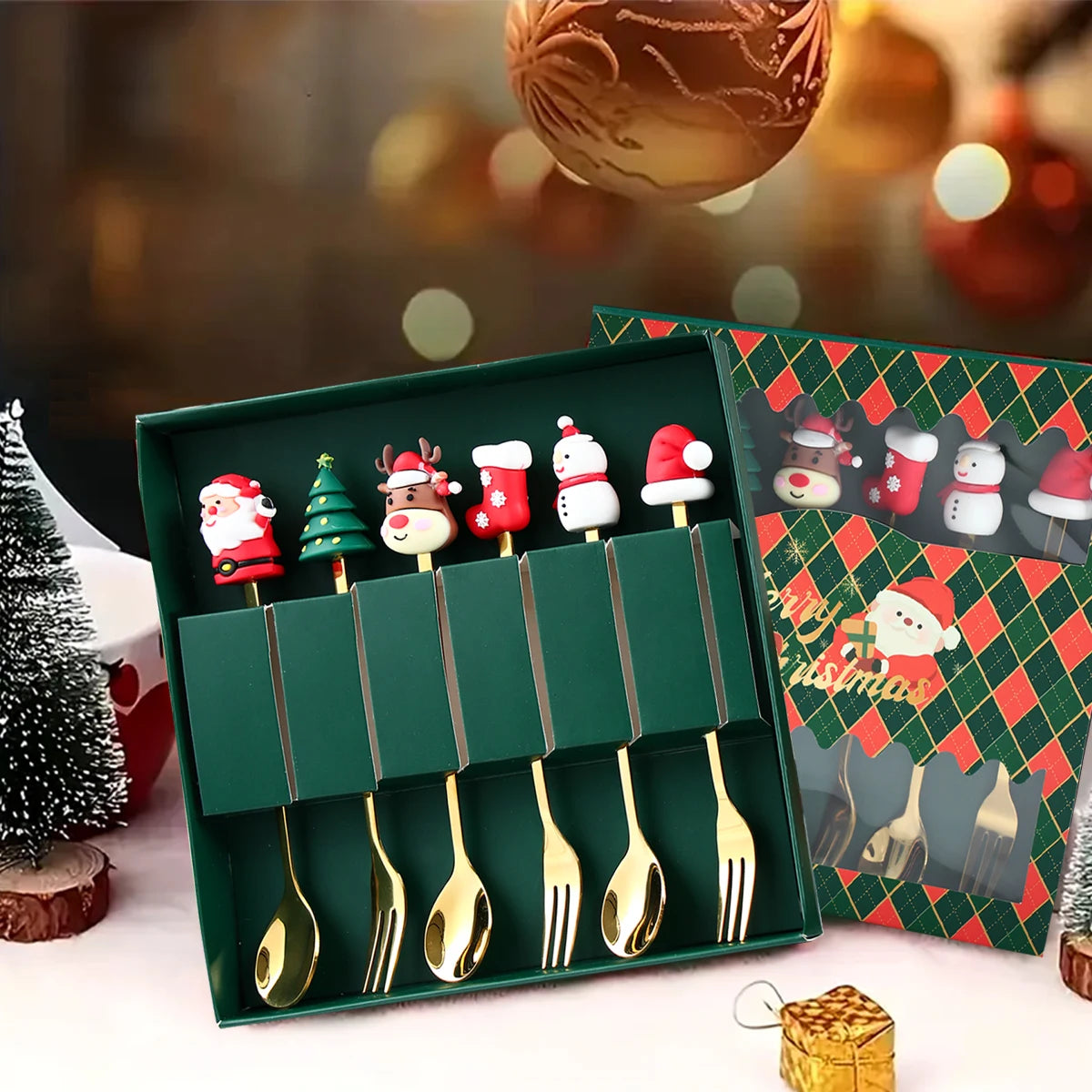 Weihnachtsbesteckset Goldene Gabel und Löffel Santa Claus Design Metall 3