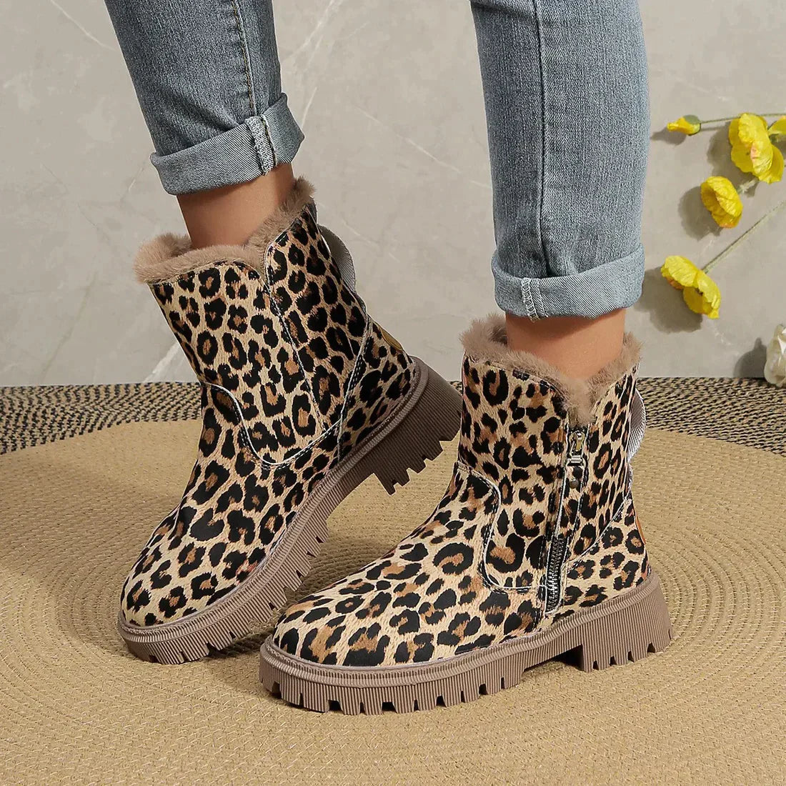 Winterstiefel Damen mit Leopardendruck und Weichem Futter – Trendige Plattform-Sohle für Optimalen Komfort 3
