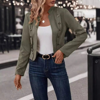 Frauen Samtjacke mit Doppelreiher und Mandarin-Kragen – Elegantes Retro-Design aus weichem Hirschleder