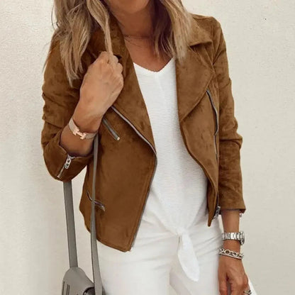 Damenjacke aus Kunstwildleder – Bikerstil mit asymmetrischem Reißverschluss und Taschen