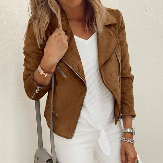 Damenjacke aus Kunstwildleder – Bikerstil mit asymmetrischem Reißverschluss und Taschen