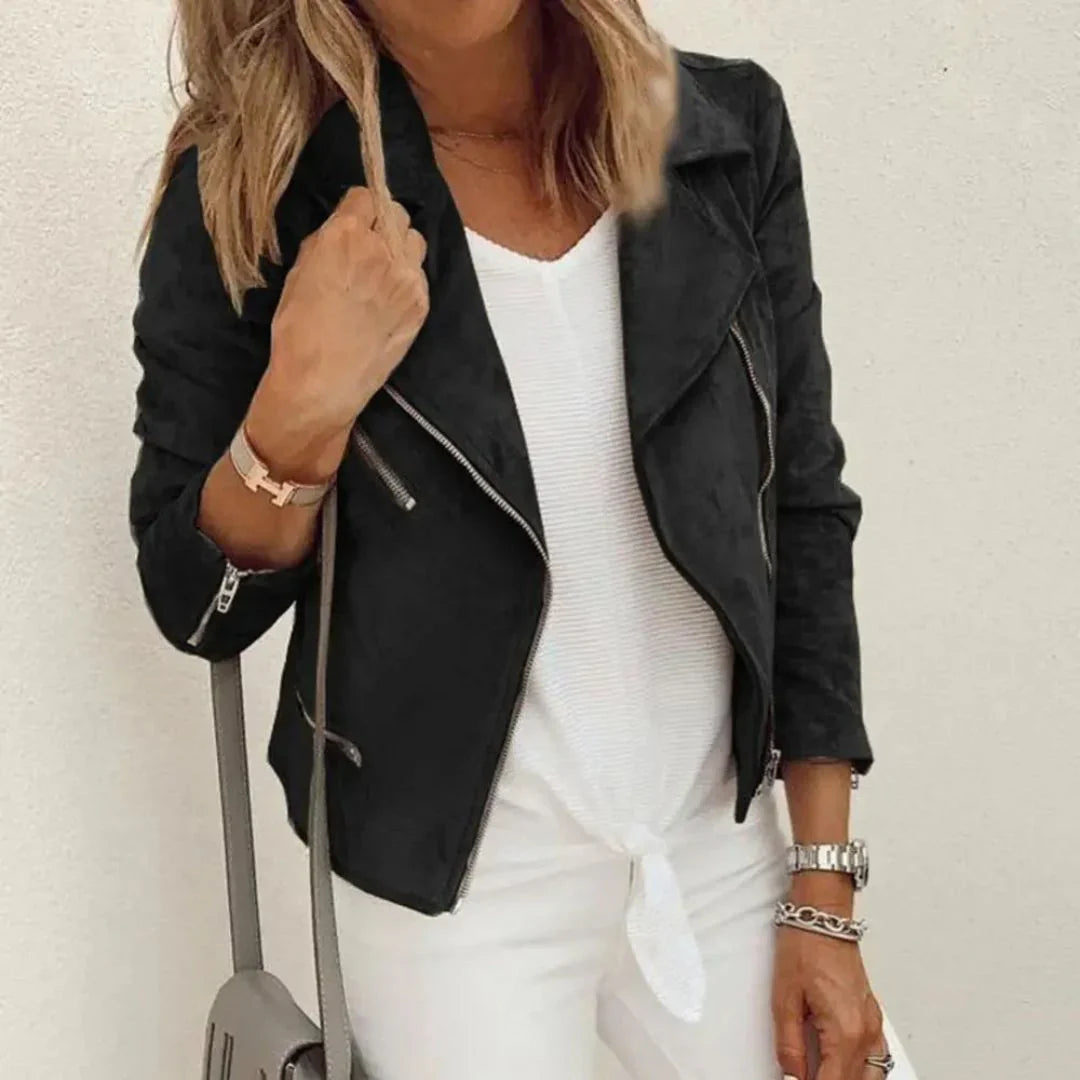 Damenjacke aus Kunstwildleder – Bikerstil mit asymmetrischem Reißverschluss und Taschen