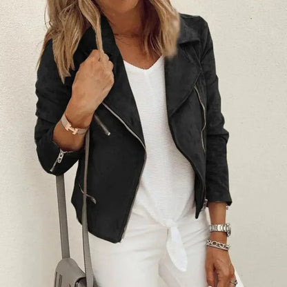 Damenjacke aus Kunstwildleder – Bikerstil mit asymmetrischem Reißverschluss und Taschen