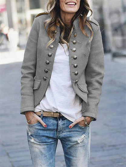 Women's Military Jacket with Button Front and Epaulettes – Structured Hip Length Coat 3