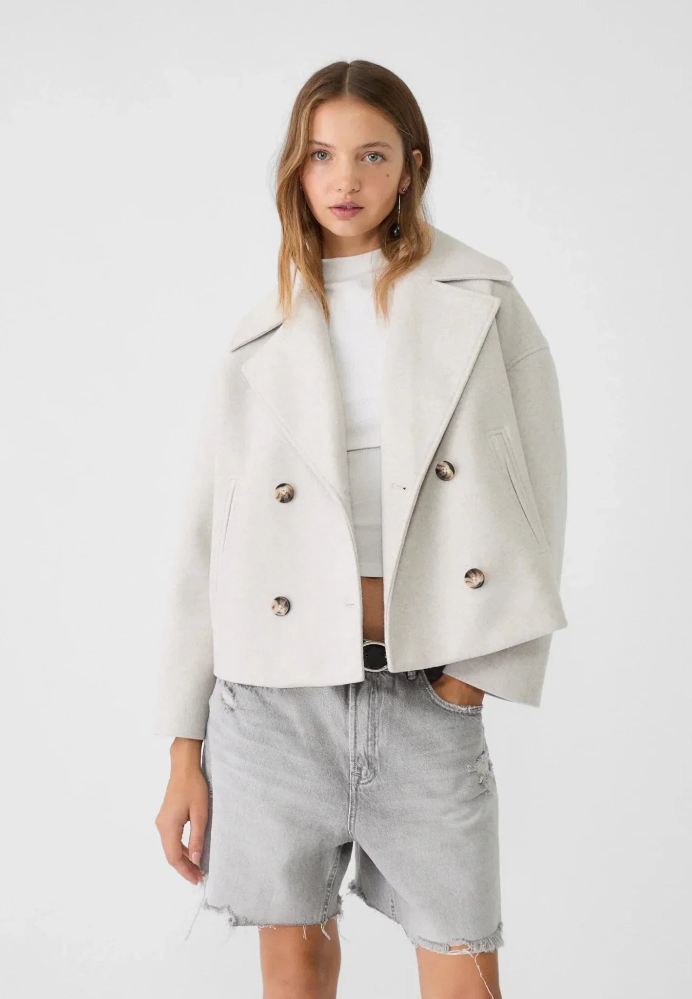 Giacca di transizione in look lana alla moda per donna – Cappotto corto boxy con vestibilità oversize