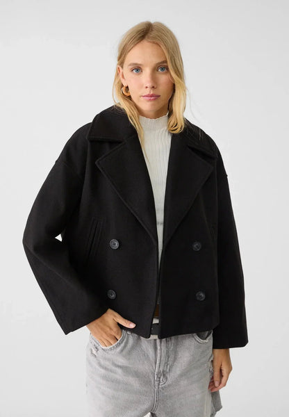 Giacca di transizione in look lana alla moda per donna – Cappotto corto boxy con vestibilità oversize