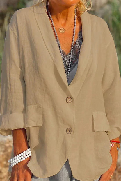 Giacca estiva in lino per donna – Moda casual elegante con scollo a V e comode maniche 3/4