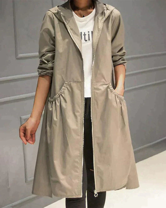 Women's Waterproof Hooded Jacket - Lightweight Knee-Length Relaxed Fit with Zip Closure 0