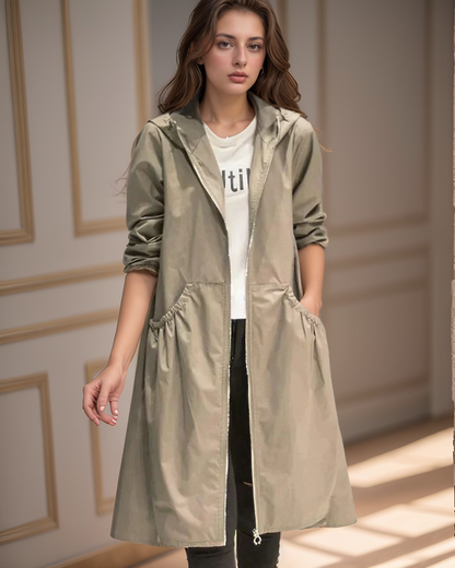 Women's Waterproof Hooded Jacket - Lightweight Knee-Length Relaxed Fit with Zip Closure 1